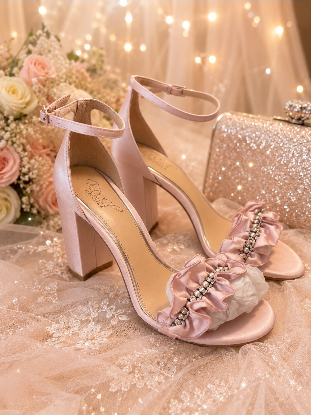 Jewel Badgley Mischka Deva Blush Satin Crystal Block Heel Sandals Size 8W NIB
